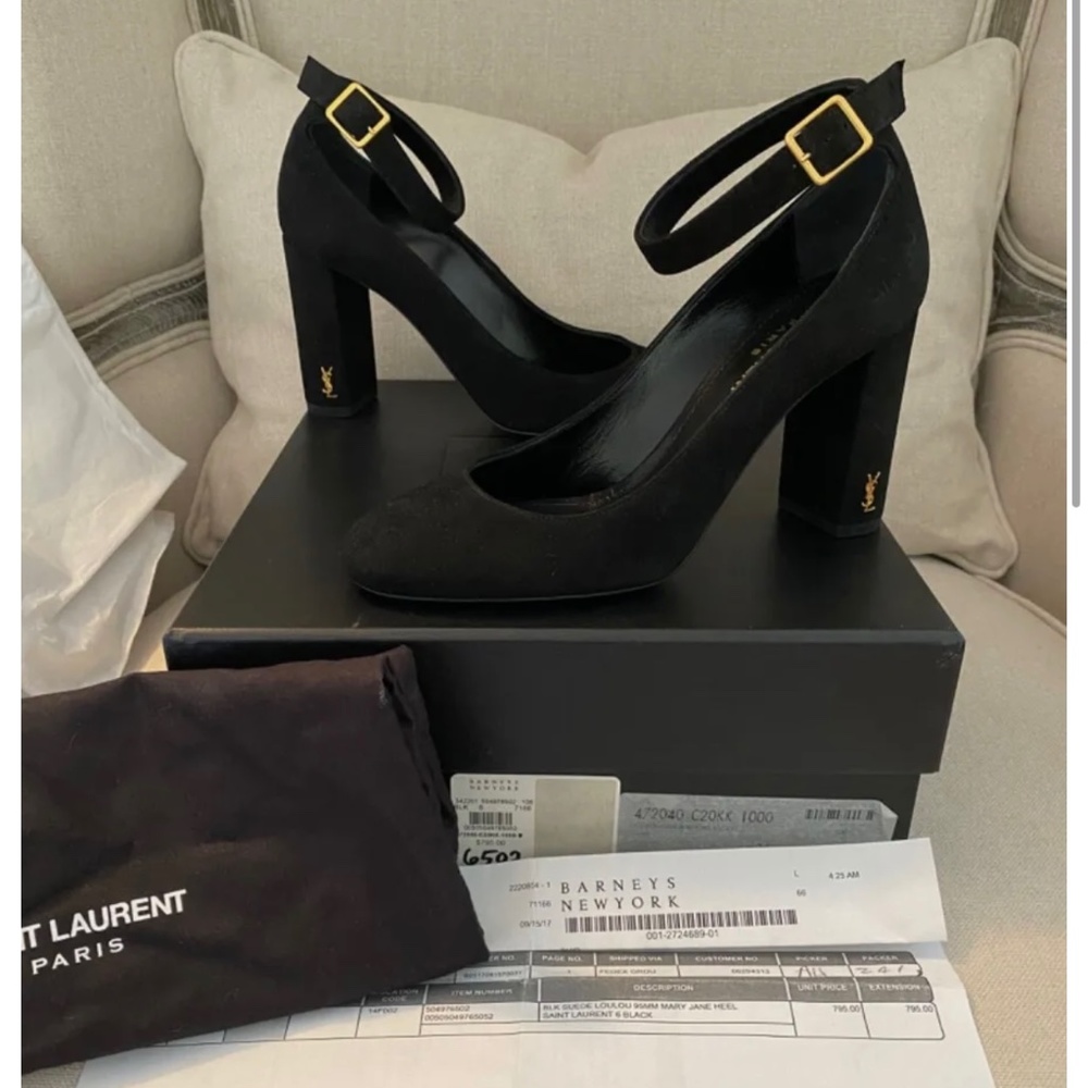 Saint Laurent YSL LouLou Black Suede Mary Jane Ankle Strap Pumps Gold 36 6 95mm